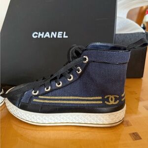 CHANEL Blue and Gold High-Top Sneakers